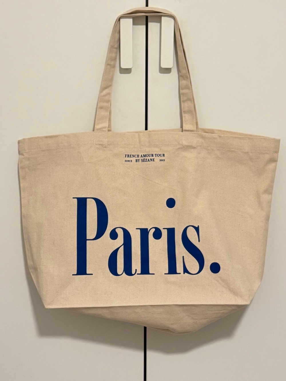 Paris Canvas Tote Bag in Natural with Blue Print